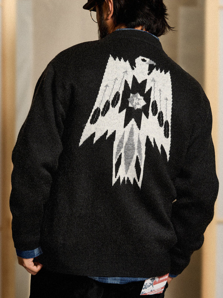Jacquard Knit V-Neck Cardigan with Navajo &amp; Thunderbird Motifs