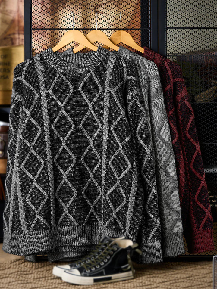 Crew Neck Sweater with Diamond Cable Knit Pattern