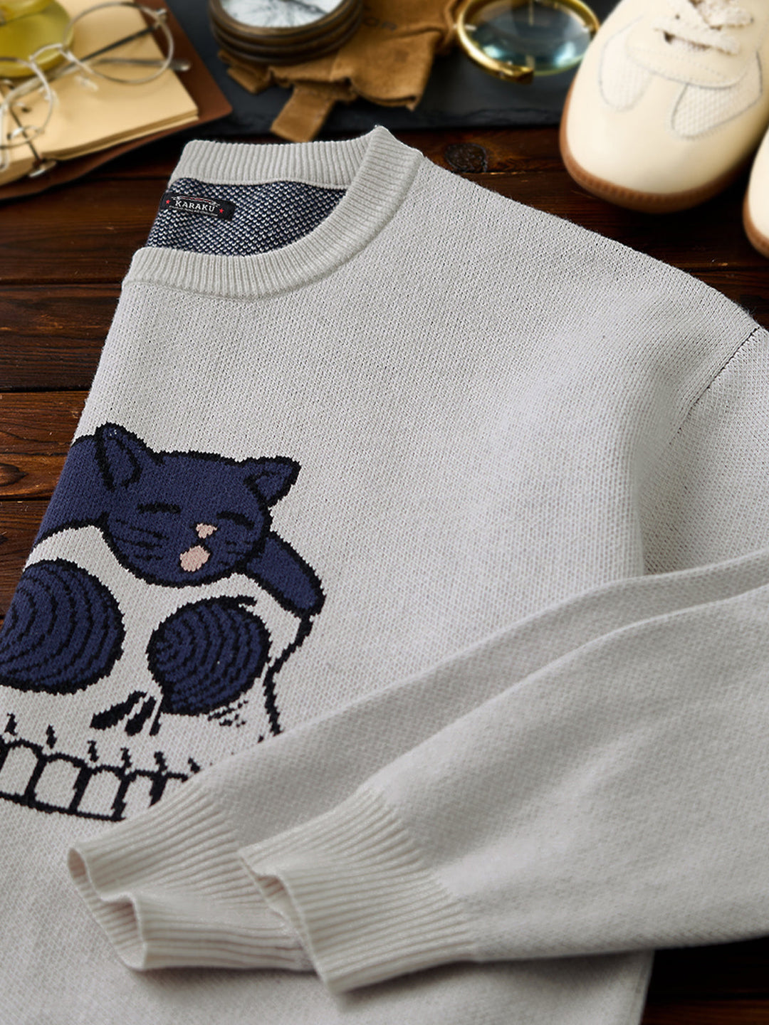 “Black Cat on Skull” Pop Art–Style Jacquard Knit Sweater