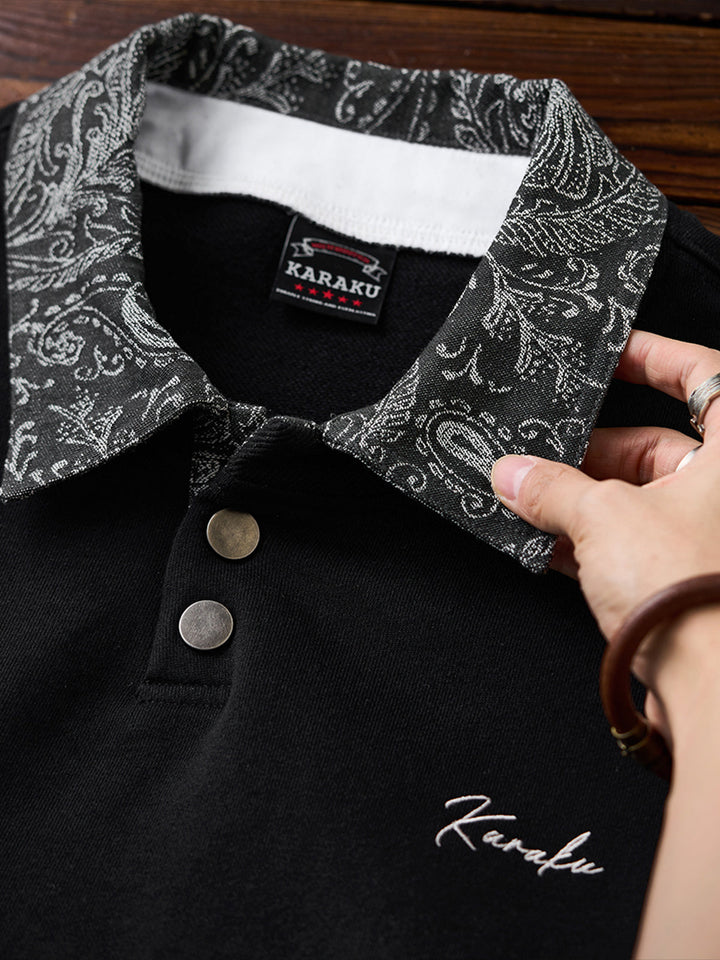 Karaku Embroidered Polo Sweatshirt with Jacquard Paisley Collar &amp; Placket