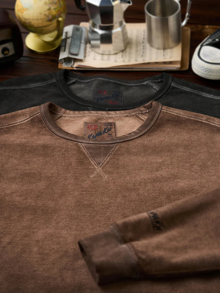 “KARAKU” Embroidered Logo Vintage-style Navy Crew Neck Sweatshirt