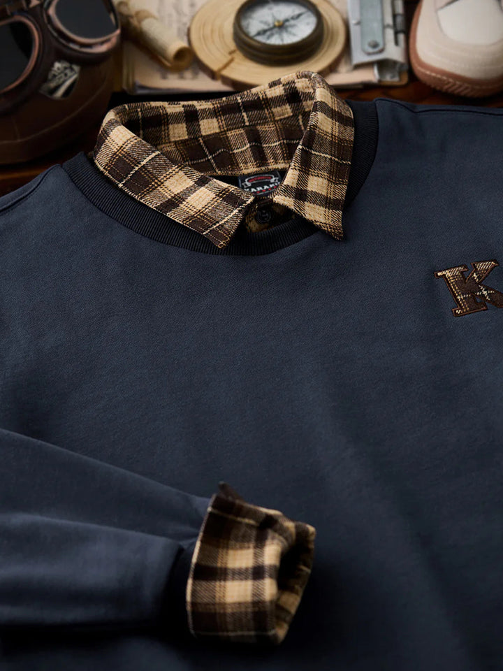 "K" Embroidered Patch Faux-Layered Check Sweatshirt