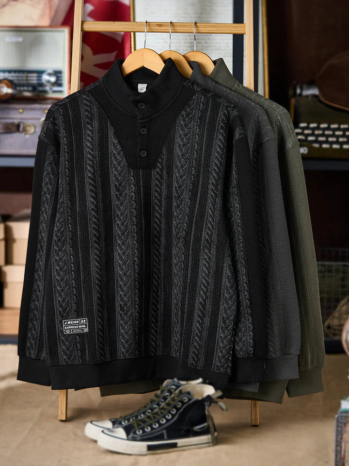3-Button High-Neck Jacquard Knit Sweatshirt