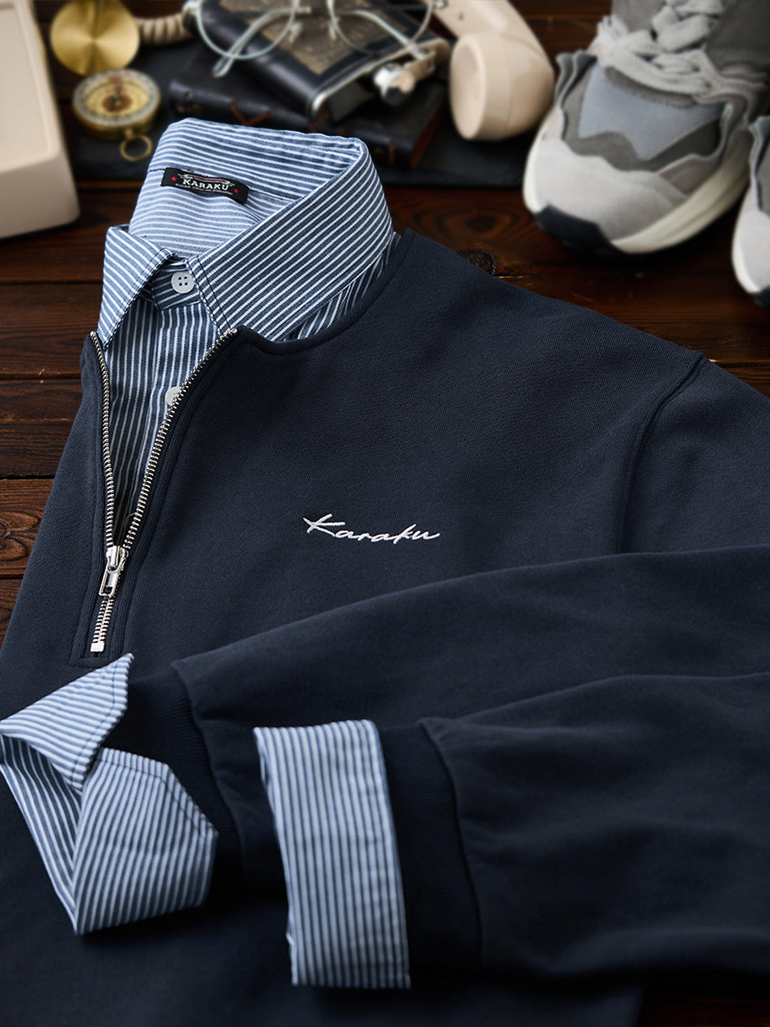 Faux-Layered Stripe Shirt &amp; Half-Zip Pullover Sweatshirt