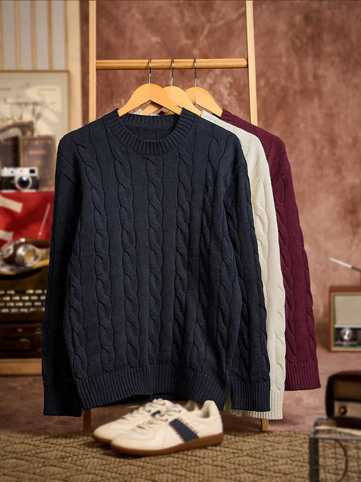 Wool-Blend Cable Knit Crewneck Sweater