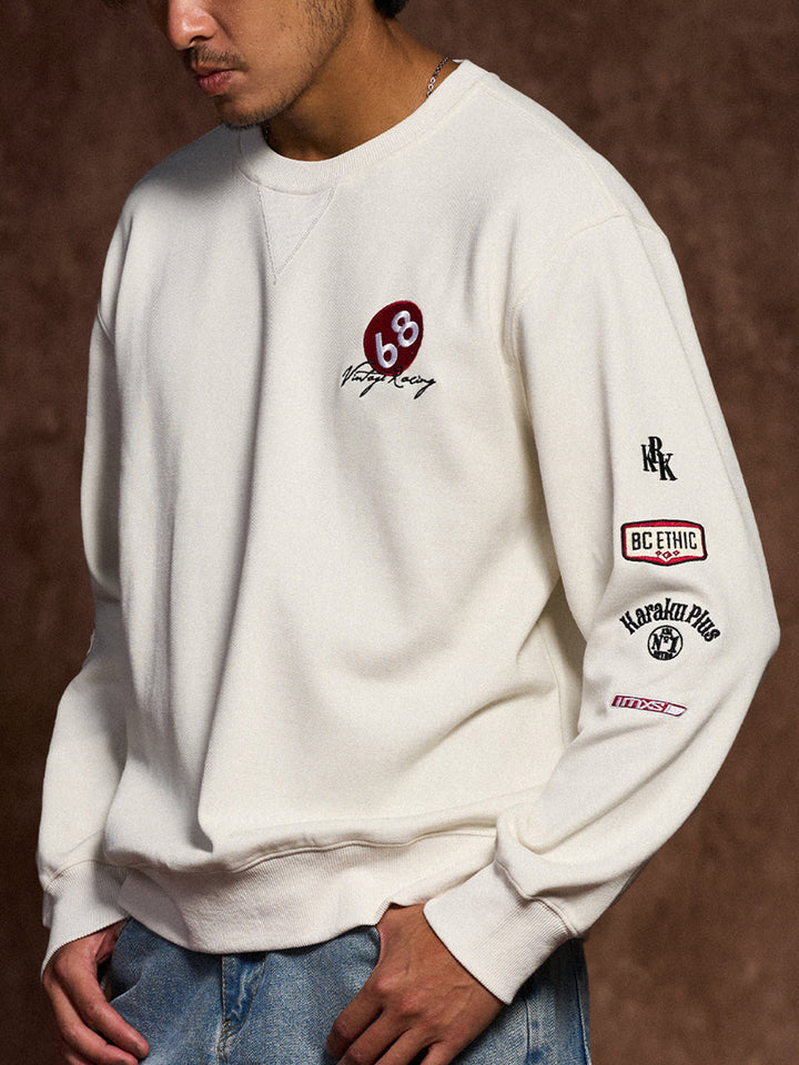 Racing-Inspired Embroidery &amp; Patch V-Gusset Cotton Sweatshirt