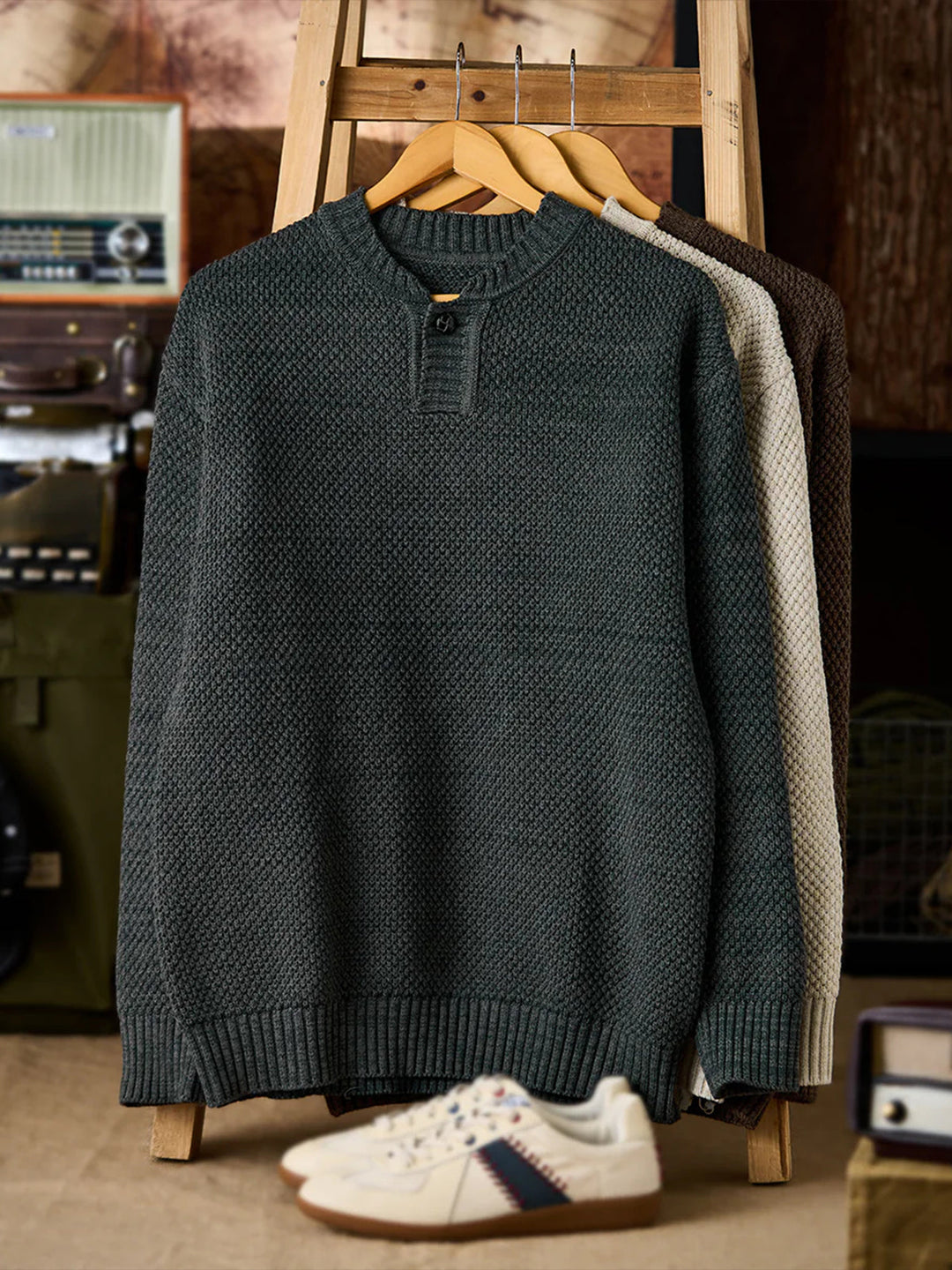 Heavyweight Pineapple Pile Henley Neck Knit Sweater