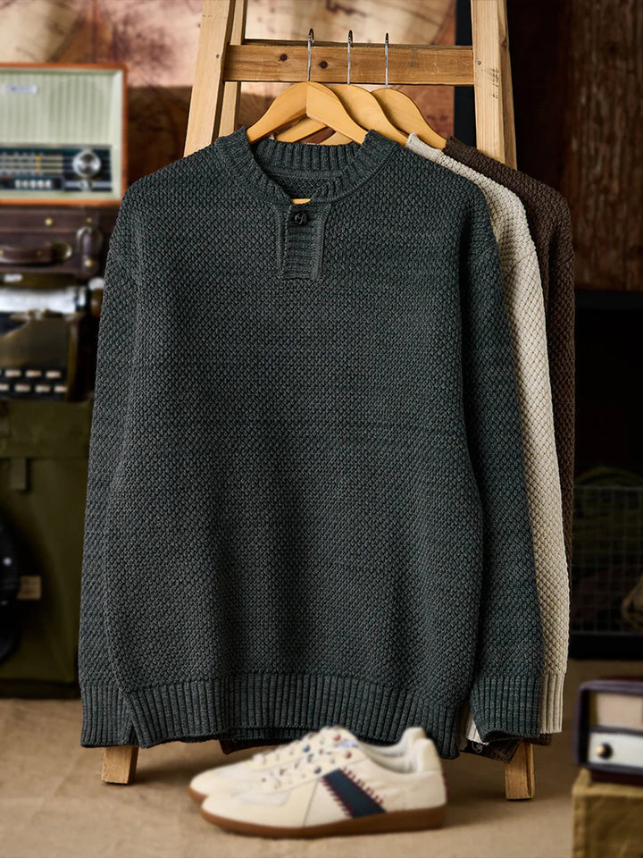 Heavyweight Pineapple Pile Henley Neck Knit Sweater