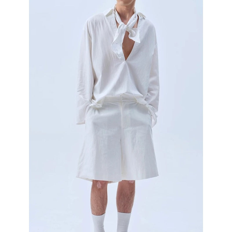Deep V Neck Oversized Draped Tie Neck Shirt