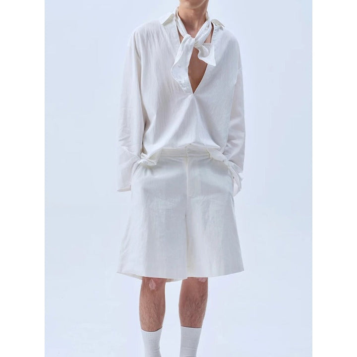 Deep V Neck Oversized Draped Tie Neck Shirt