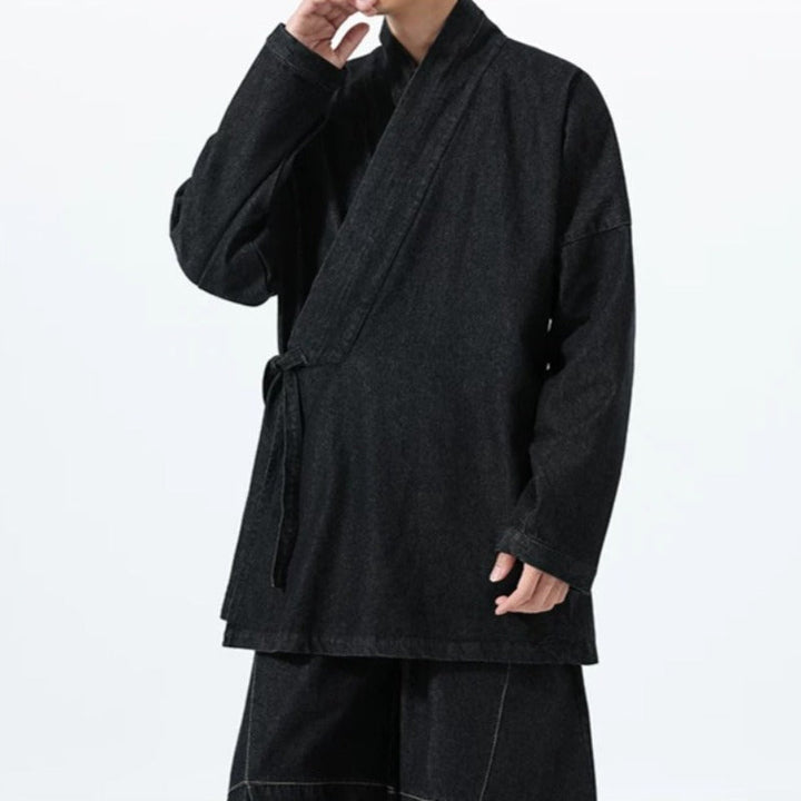 Vintage Washed Denim Cross Front Kimono Coat