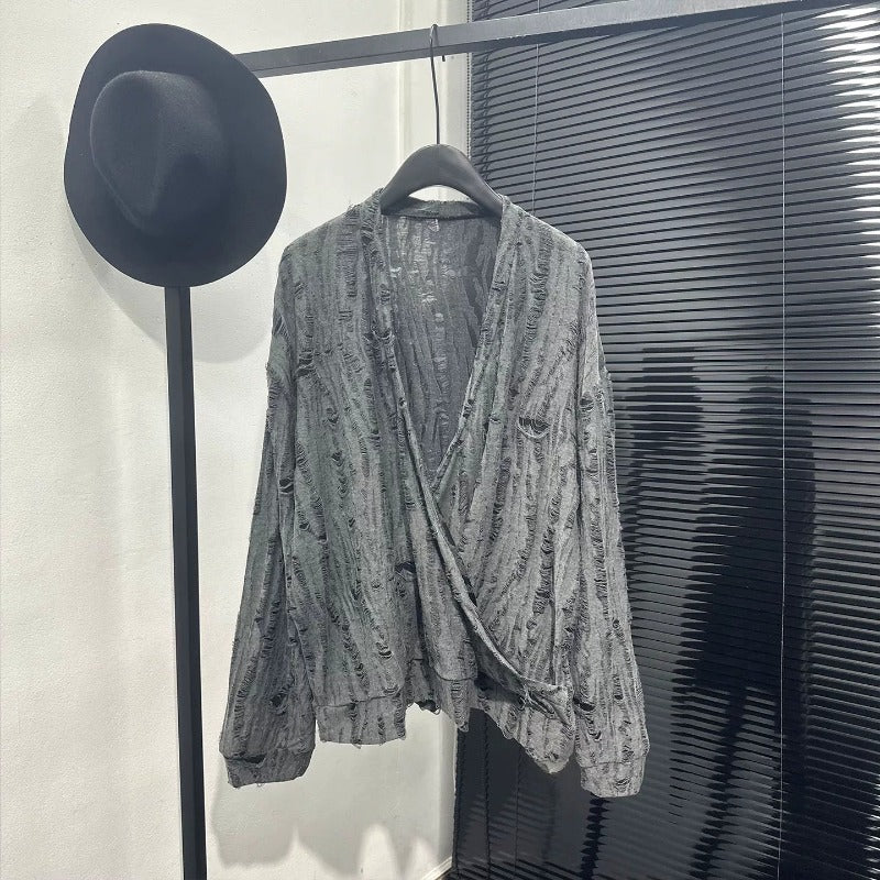 Irregular Cut-out V-neck Long-sleeve Top
