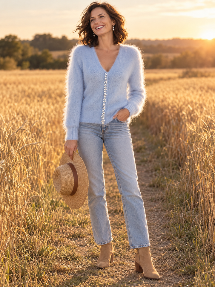 Pearl-Embellished Fuzzy Knit V-Neck Cardigan