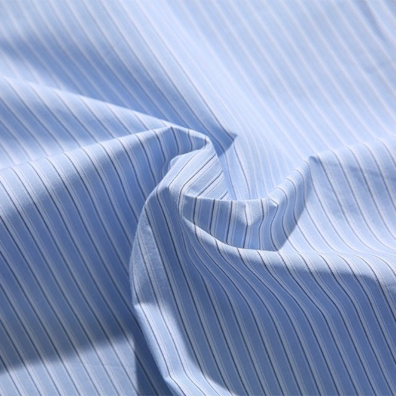Blue White Striped Band Collar Casual Popover Shirt