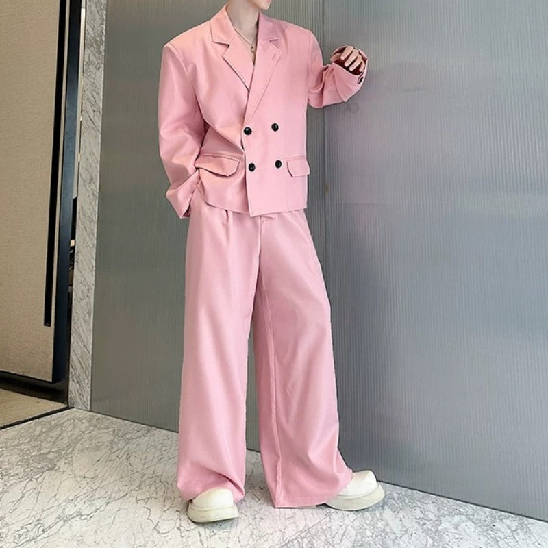 Double Breasted Blazer Draped Wide-leg Trousers Two-piece Set