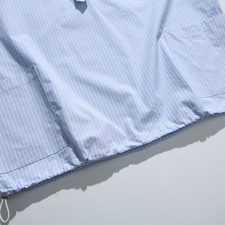Blue White Striped Band Collar Casual Popover Shirt