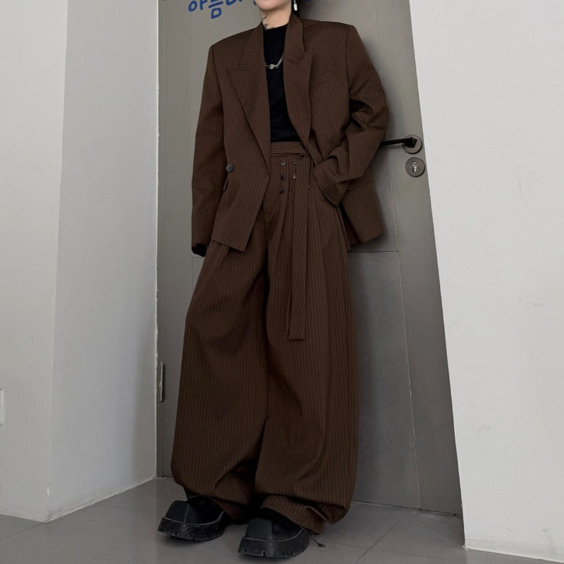 Pinstripe Ribbon Tape Accent Oversized Blazer Wide-leg Trousers Two-piece Set