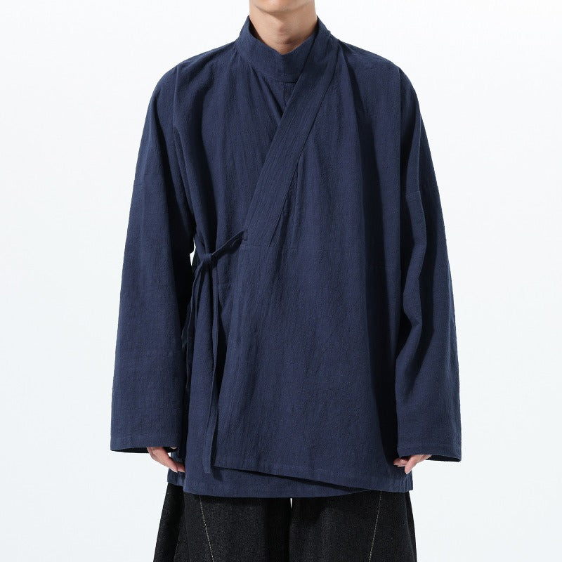 Loose Cotton Cross Front Side Tie Shirt Hanfu