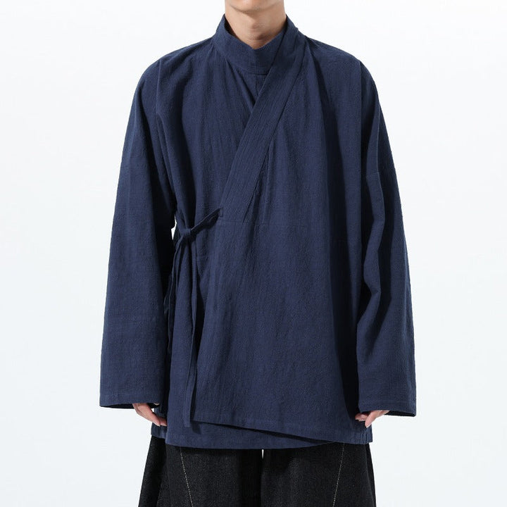 Loose Cotton Cross Front Side Tie Shirt Hanfu