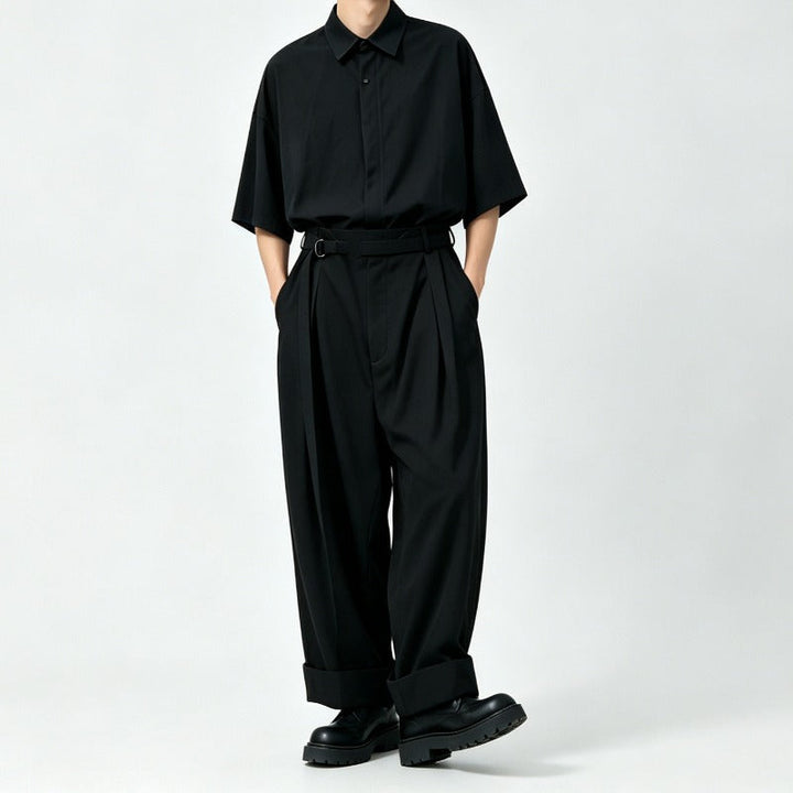 Japanese Drop Shoulder Short Sleeve Draped Loose Wide Leg Trousers Two-piece Set