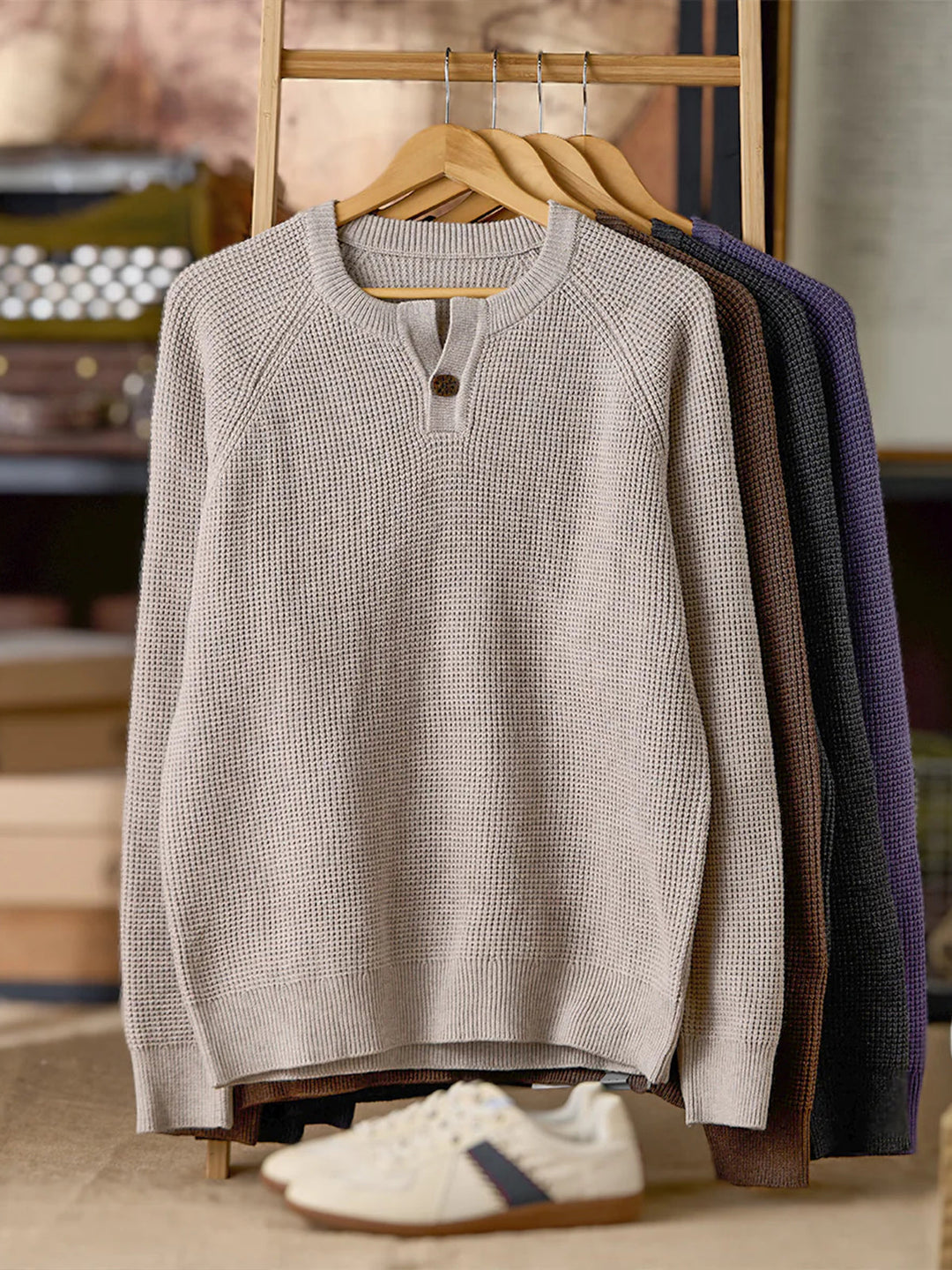 Heavyweight Mini-Waffle Henley Knit Sweater