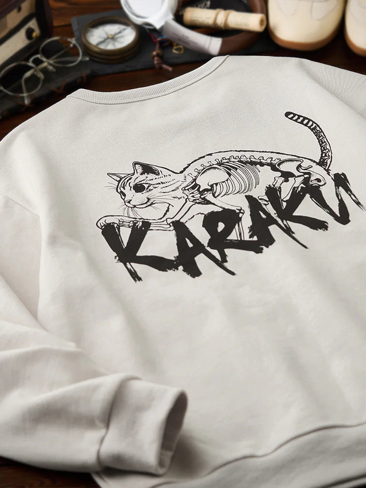 "Skeleton-Visible Cat" Print Back-Pile Cotton V-Gusset Sweatshirt