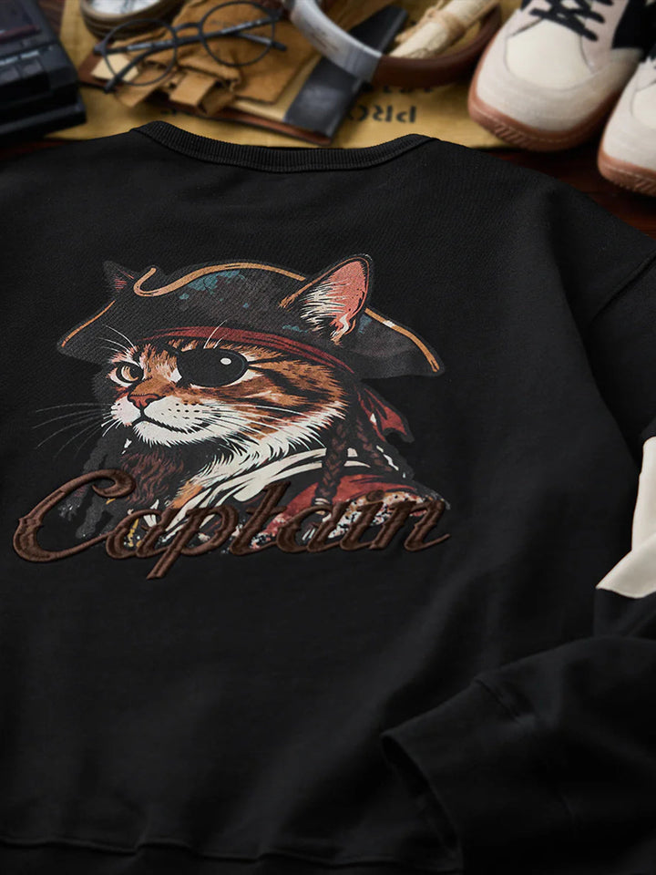 “Pirate Captain Cat” Elbow-Patch Pullover Sweatshirt