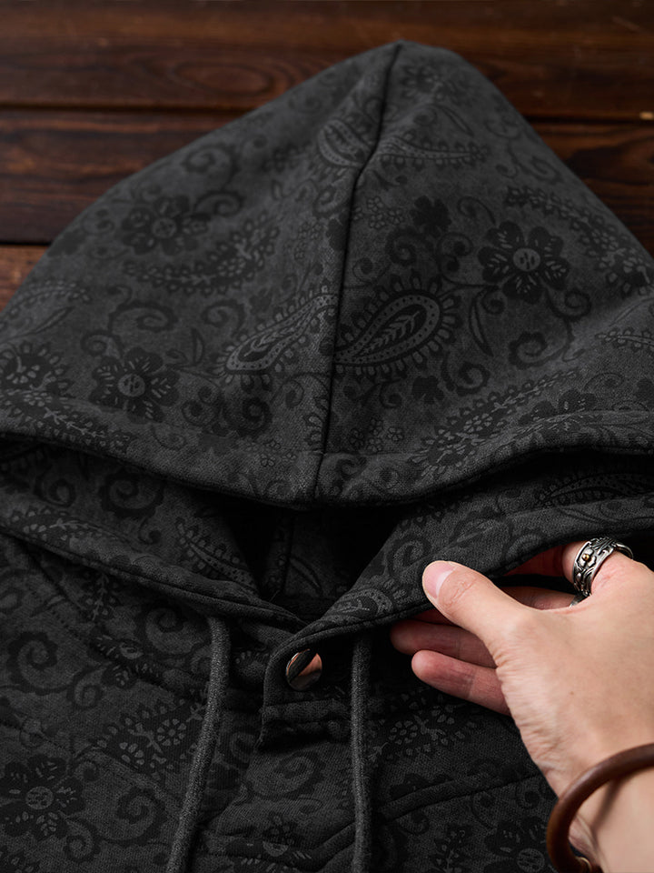 “KaraKu” Embroidered Logo Paisley-Print Cotton Hoodie