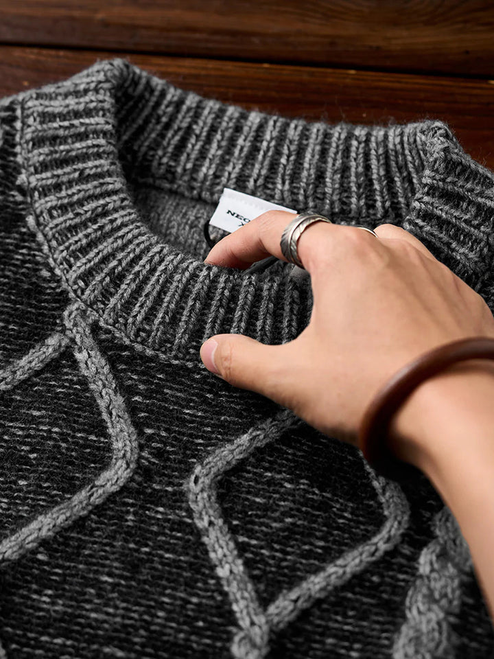 Crew Neck Sweater with Diamond Cable Knit Pattern