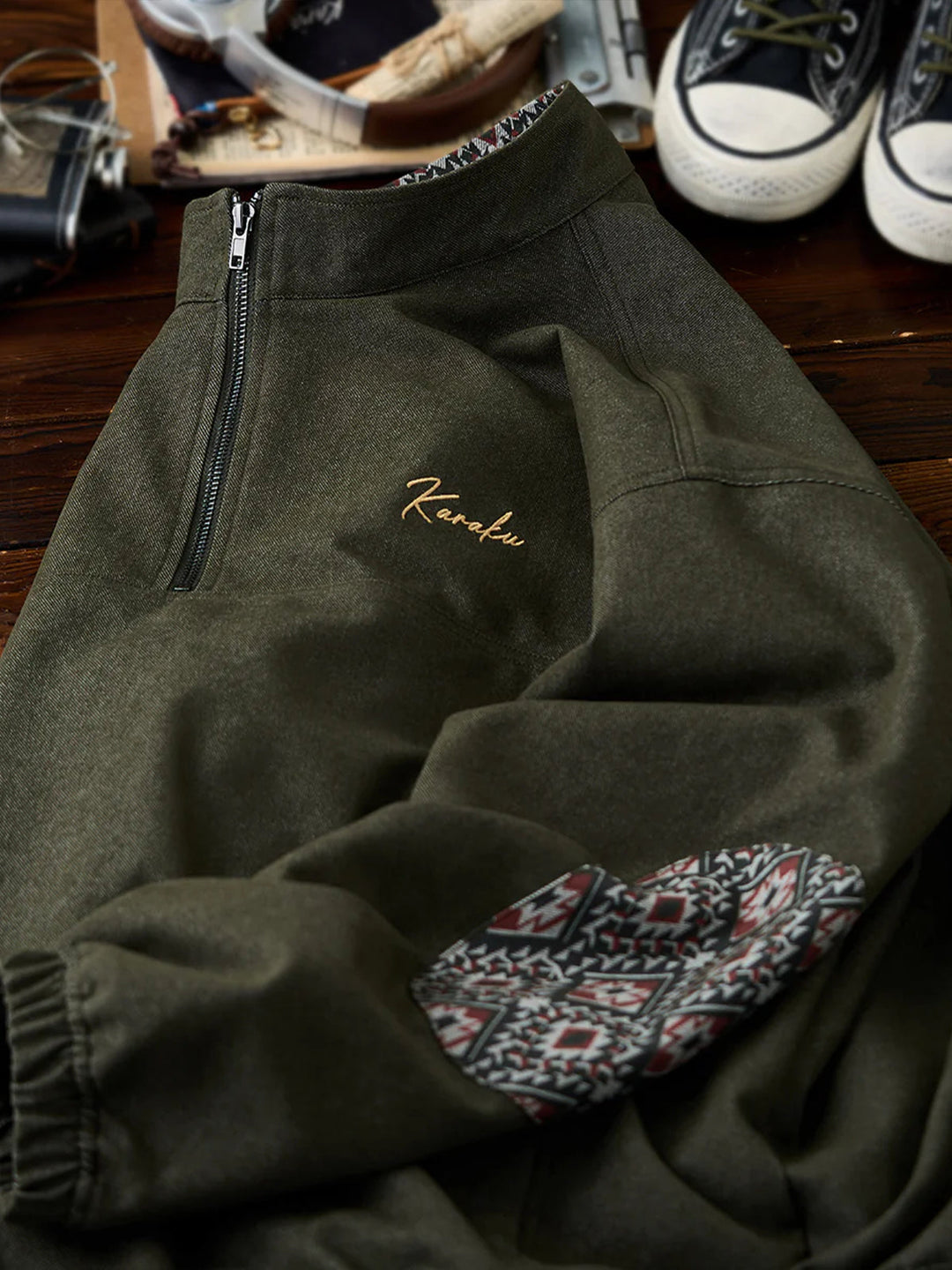 “KaraKu” Logo Embroidered Half-Zip Denim Sweatshirt with Navajo-Style Lining &amp; Elbow Patches