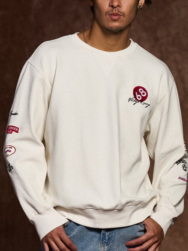 Racing-Inspired Embroidery &amp; Patch V-Gusset Cotton Sweatshirt