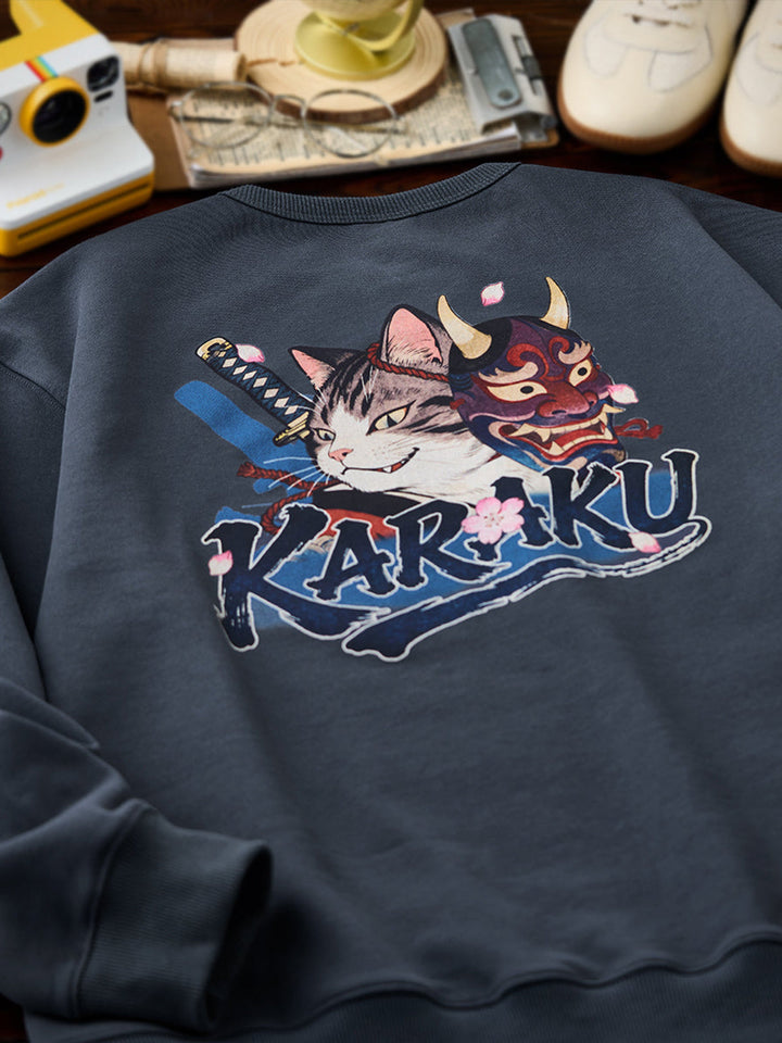 “KaraKu” Embroidery &amp; “Hannya Mask / Samurai Cat” Print Loopback V-Gusset Sweatshirt