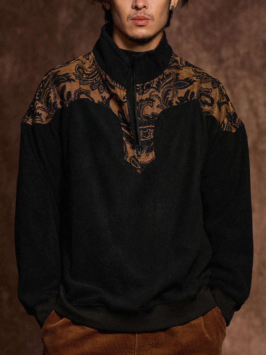 Paisley Pattern Mixed Material Western Half-Zip Fleece Pullover