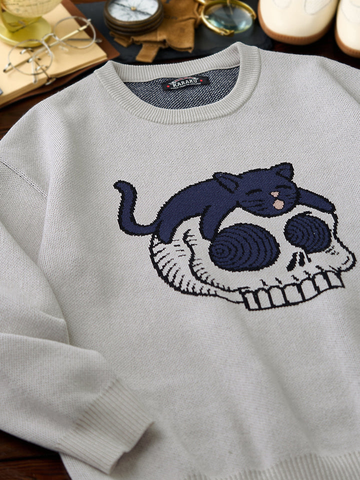 “Black Cat on Skull” Pop Art–Style Jacquard Knit Sweater