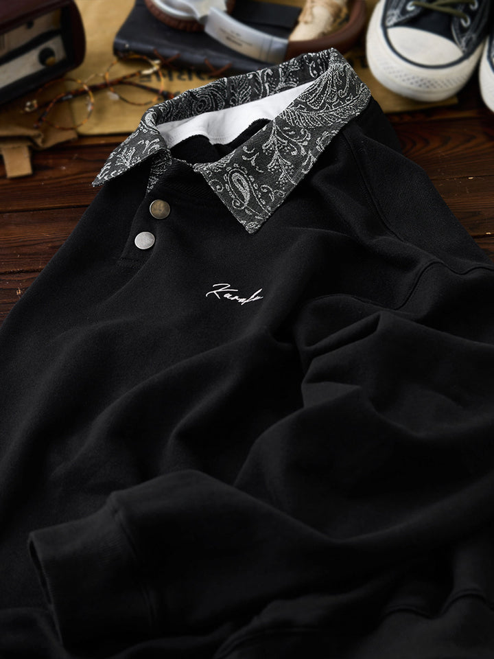 Karaku Embroidered Polo Sweatshirt with Jacquard Paisley Collar &amp; Placket