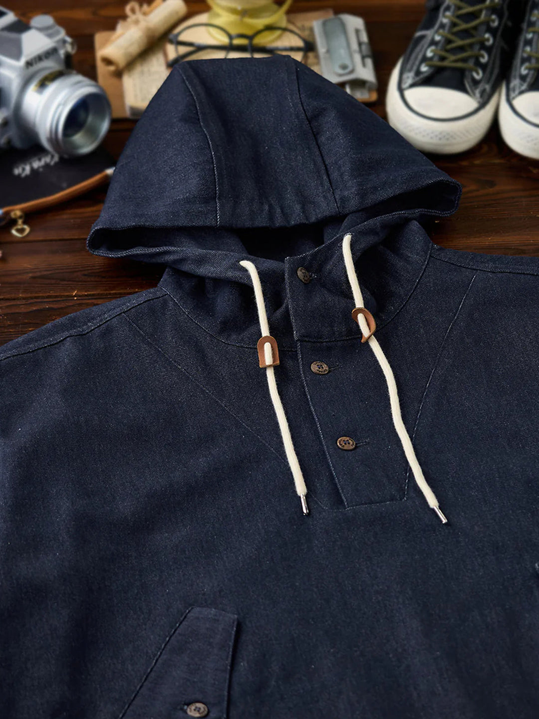 Washed Denim Hoodie with Half-Button and Side Slits