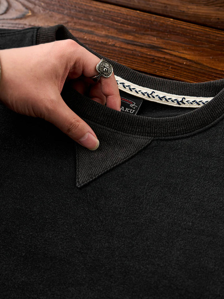 Washed Sweatshirt with Paisley Denim Sleeves &amp; V-Gusset Detail