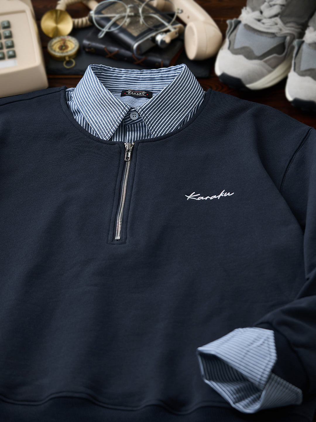 Faux-Layered Stripe Shirt &amp; Half-Zip Pullover Sweatshirt