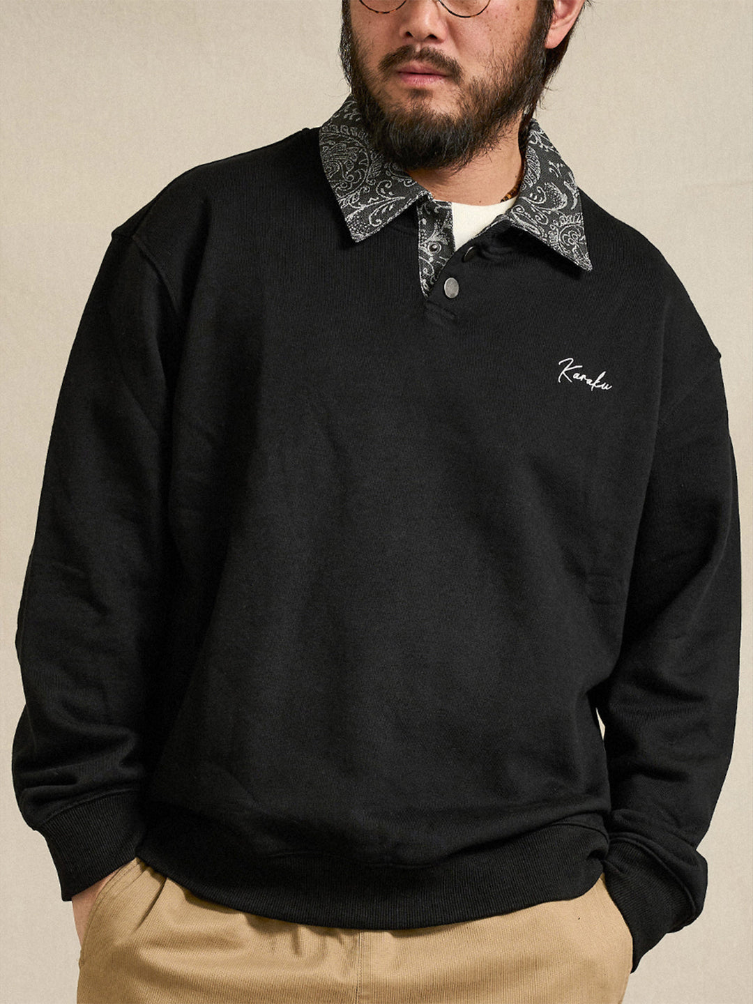 Karaku Embroidered Polo Sweatshirt with Jacquard Paisley Collar &amp; Placket