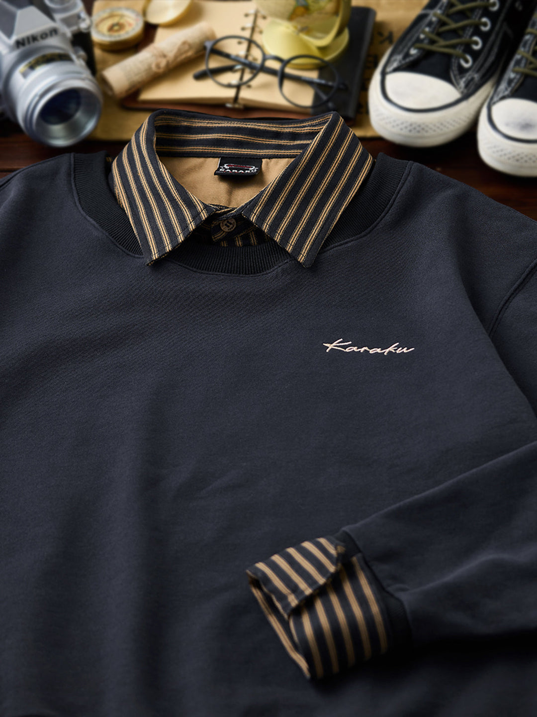 Faux-Layered Stripe Shirt &amp; Embroidered Crewneck Sweatshirt