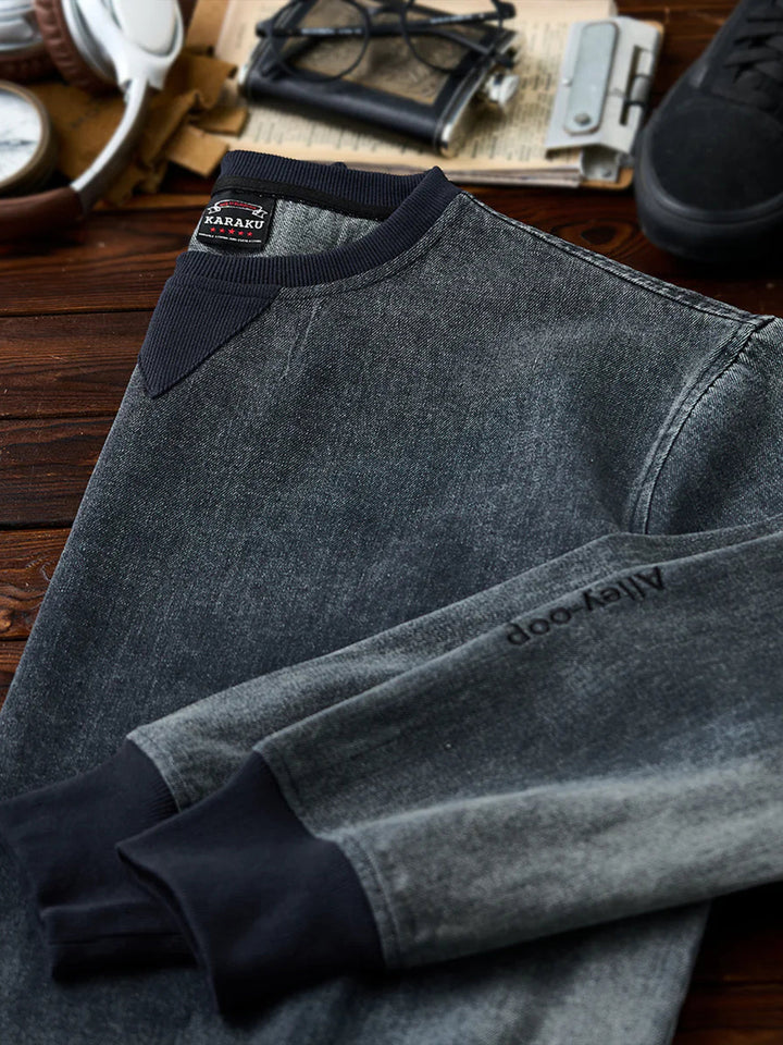 “Alley-oop” Sleeve Embroidery V-Gusset Stone-Washed Denim Sweatshirt