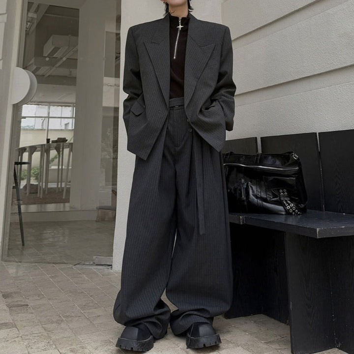 Pinstripe Ribbon Tape Accent Oversized Blazer Wide-leg Trousers Two-piece Set