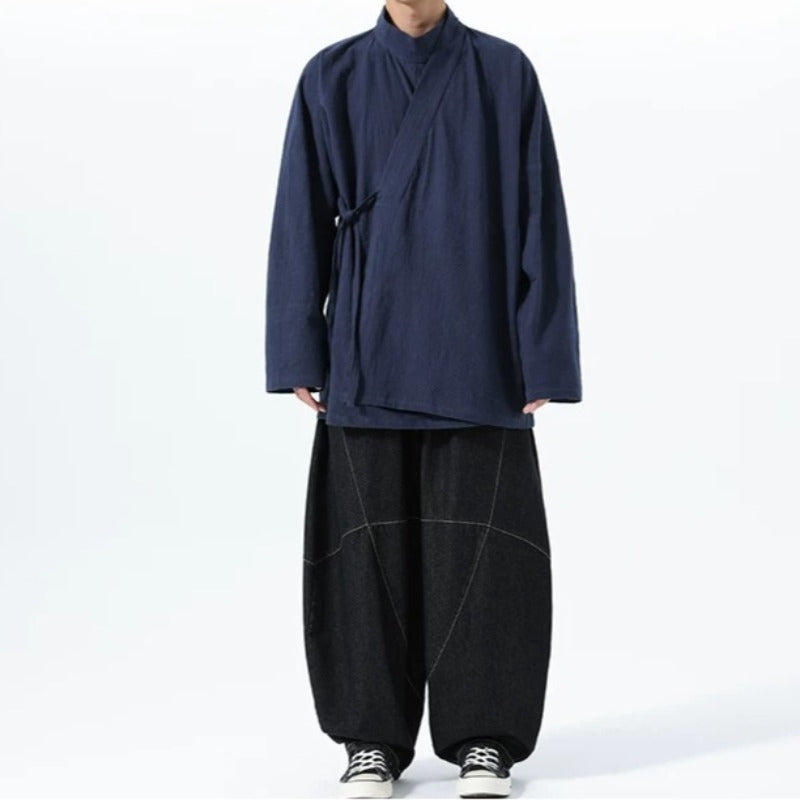Loose Cotton Cross Front Side Tie Shirt Hanfu