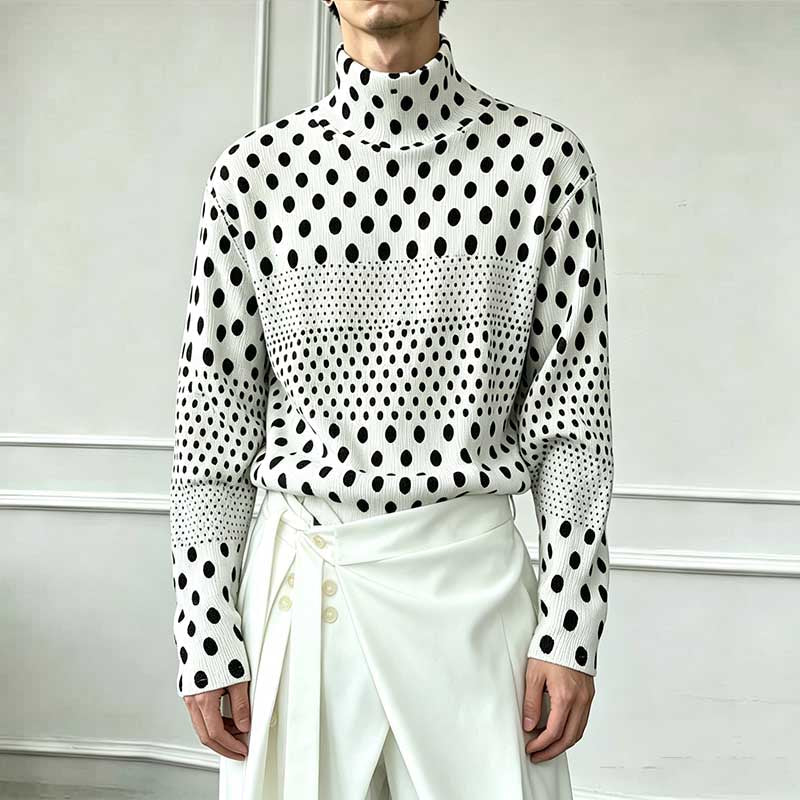 Ink-wash Polka Dot Turtleneck Pleated Base Layer Top