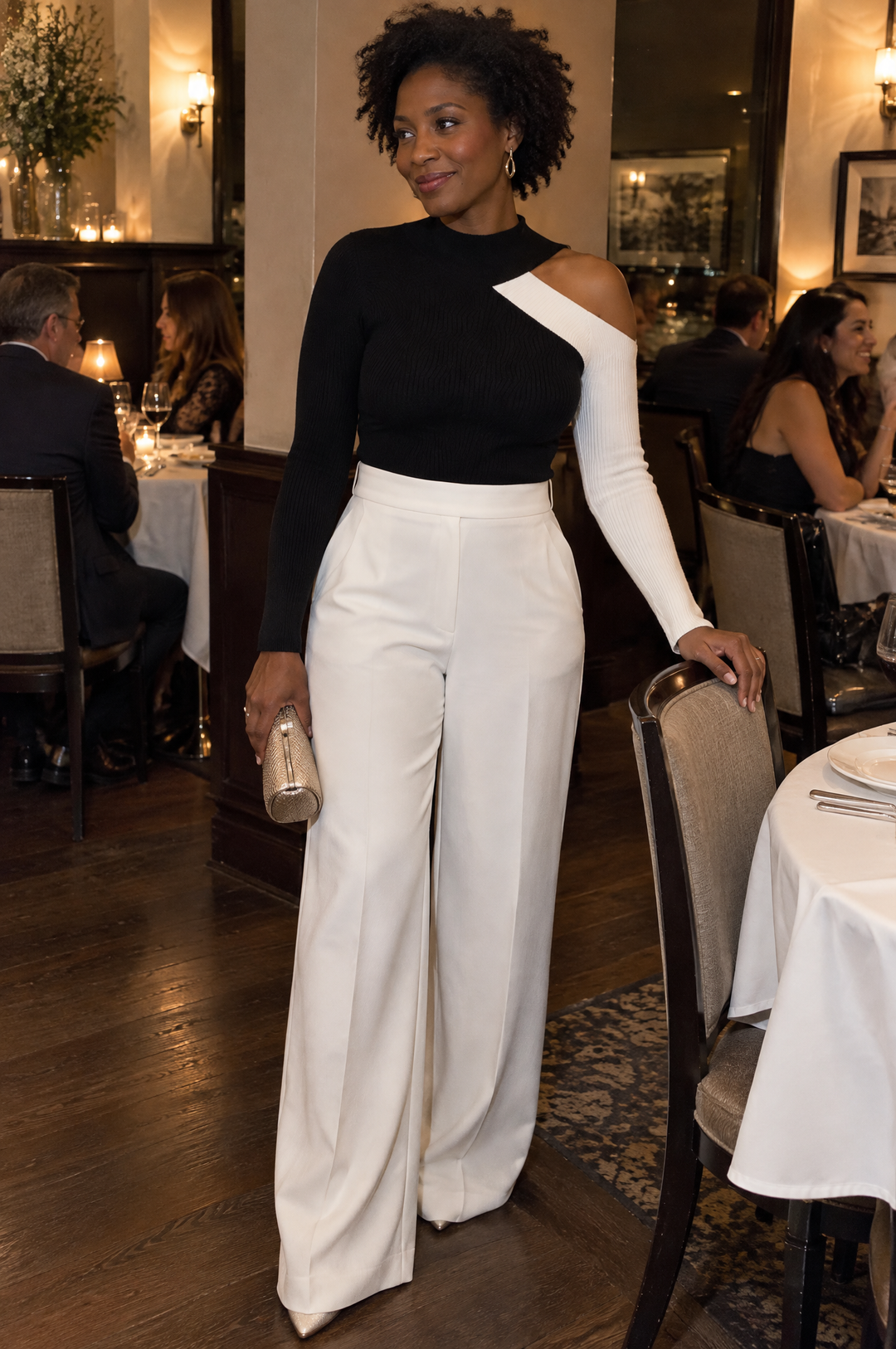 Mock Neck Knit Top With Asymmetric Cut-Out And Contrast Off-Shoulder Sleeve