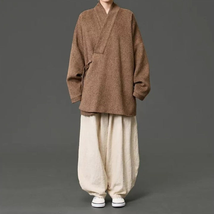 Loose Woolen Cross Front Hanfu Kimono Coat