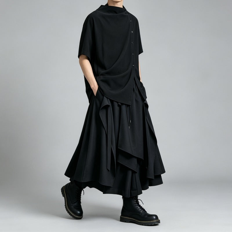 Japanese Loose Shirt and Asymmetrical Skirt-Pants Two-piece Set