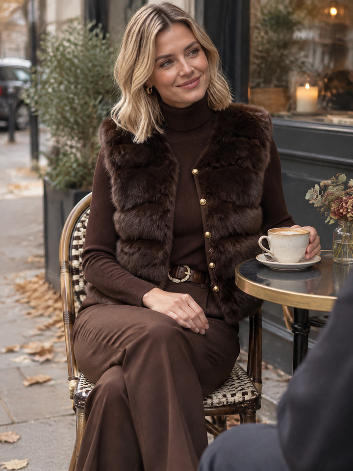 Turtleneck Knit Sweater And Faux Fur Vest Two-Piece Set
