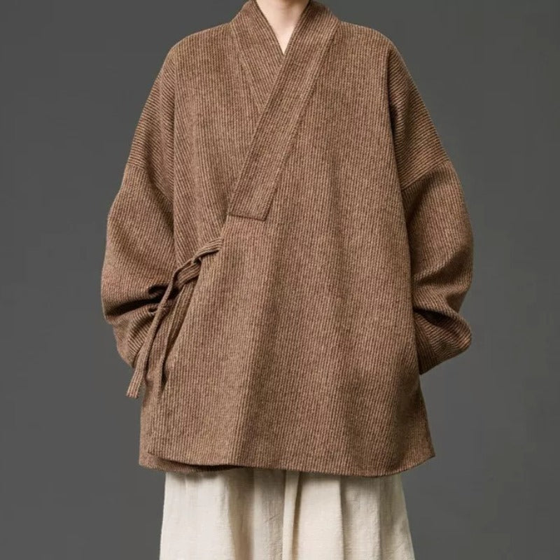 Loose Woolen Cross Front Hanfu Kimono Coat