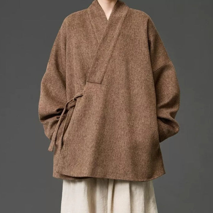 Loose Woolen Cross Front Hanfu Kimono Coat